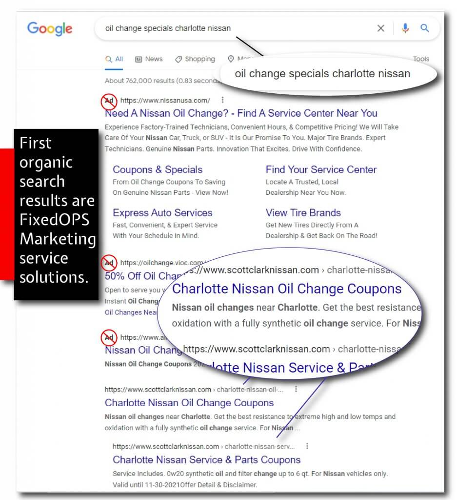 First organic search results with FixedOPS Marketing Service Solutions